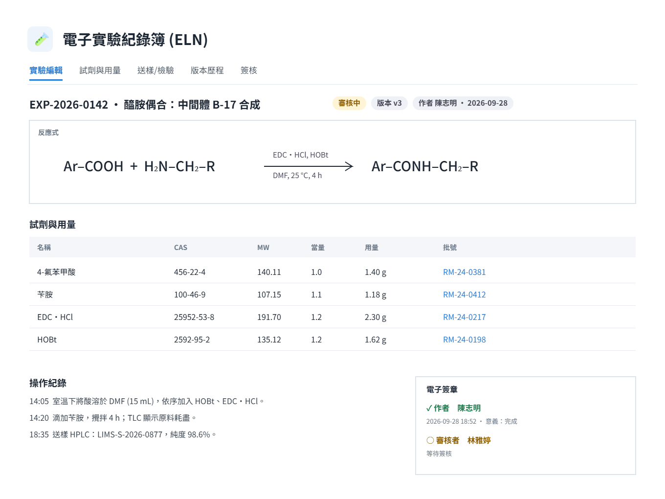 畫面：ELN 實驗紀錄操作介面